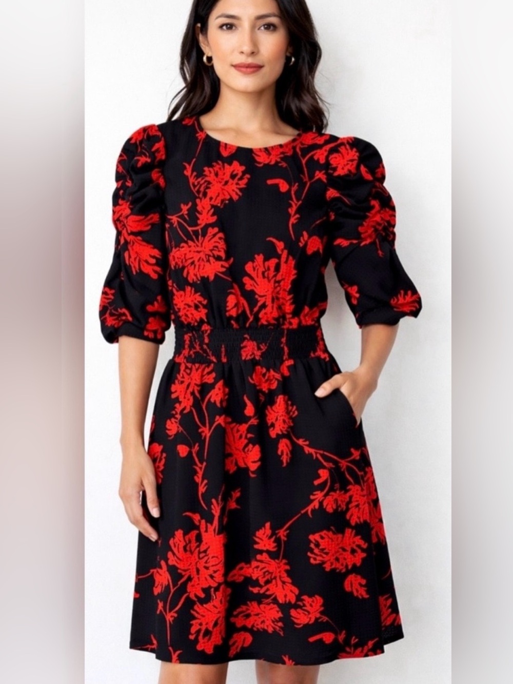 Who What Wear Black Red Floral Puff Sleeve Smocked Mini Dress S